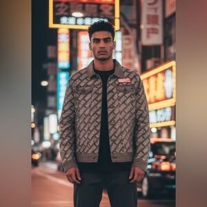 Marvel Logo Patterned Gray Shacket Jacket for Men‎ Medium